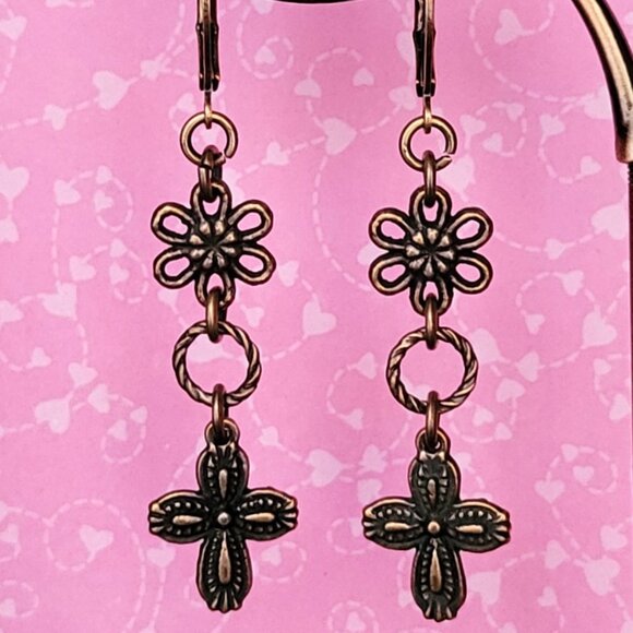 CROSS Daisy Flower Copper Brass Lever Back Earrings Southwestern Westernwear - Picture 5 of 10